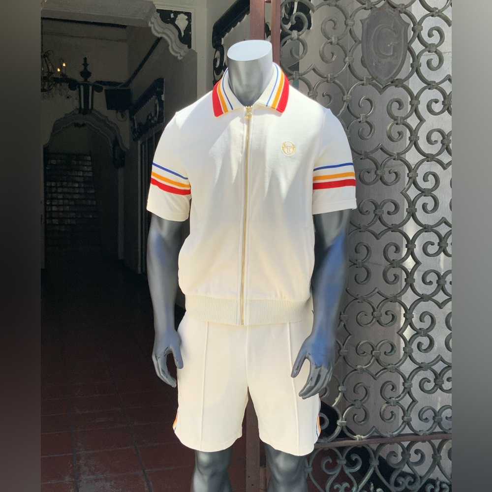 Men's Sergio Tacchini Ivory | Multicolor Velour Casual Short Set NWT - Picture 2 of 4